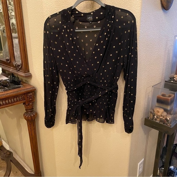 ABS Women Black Sheer Gold Metallic Polka Dot Silk Blend Tie Waist Top-Medium - Picture 1 of 8